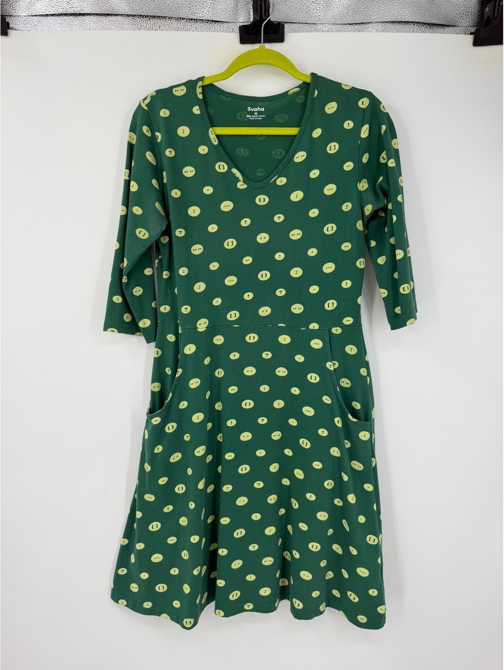 Svaha Womens M Organic Cotton Fit & Flare Jersey Dress Green Casual Pockets